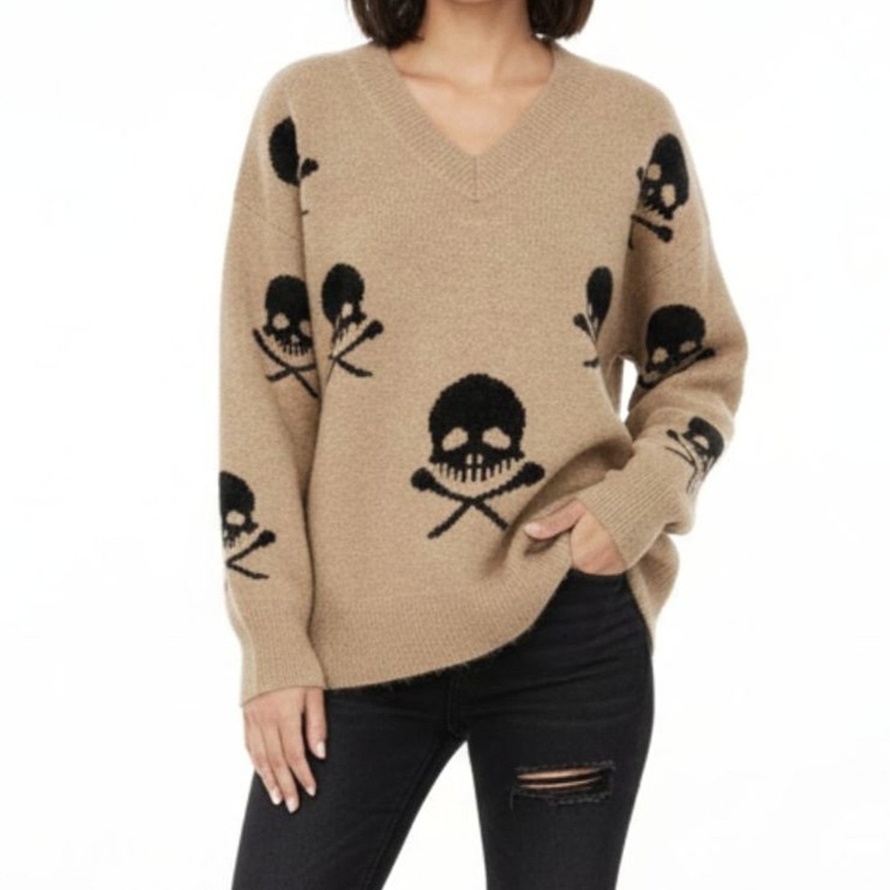 Miss Sparkling Skull V-Neck Sweater Women Size S Tan Black Oversized Goth Punk